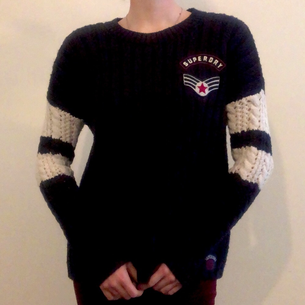 Superdry Oversized Chunky Ribbed Sweater Navy, White Stripes and Military Patch
